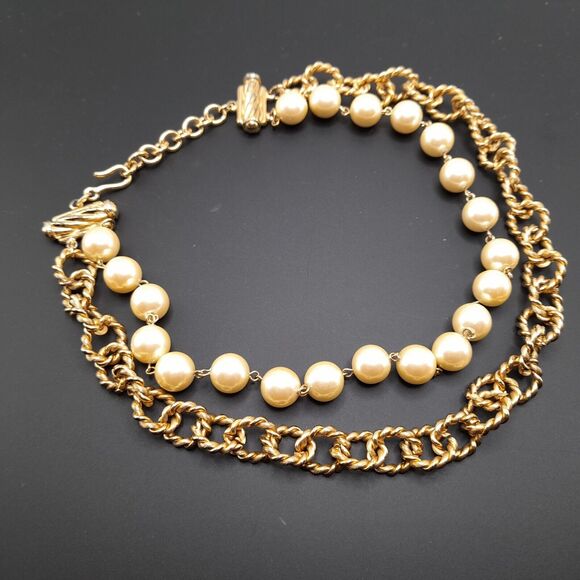 Vintage Faux Pearl & Gold Tone Chain Necklace Double Strand, 18" - Picture 9 of 10
